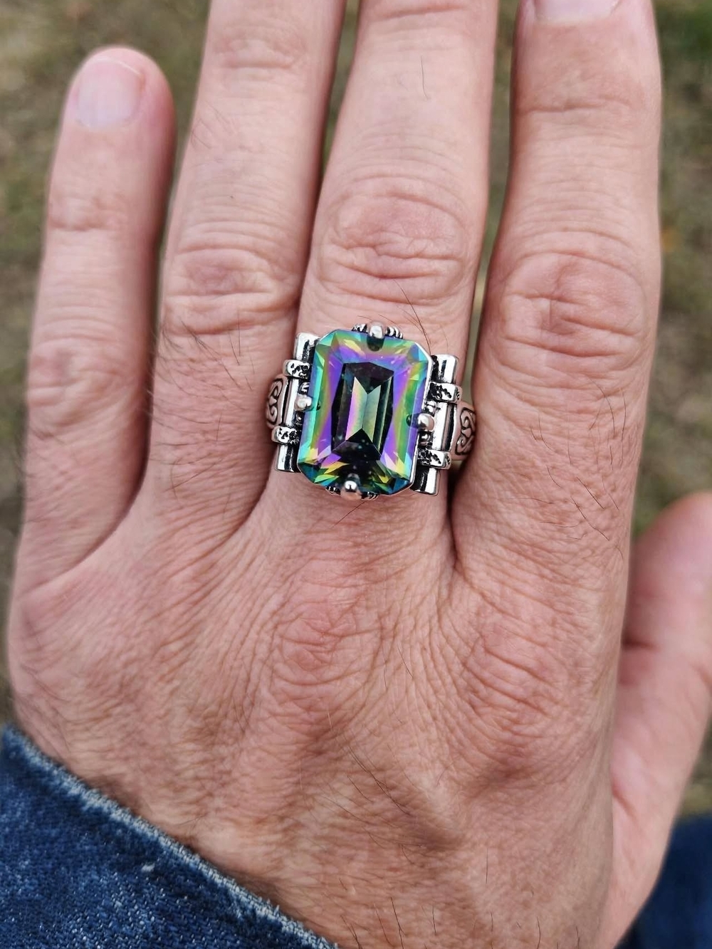 Sterling Silver Mystic Topaz Octagon Statement Ring - Iridescent Green/Purple